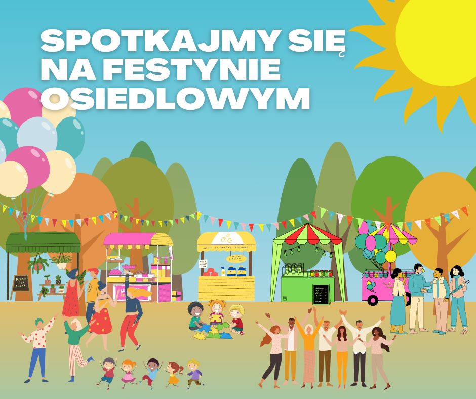 festyn logo mops w tle trawnik park i kolorowe wstążki, słońce, drzewa,  grupy ludzi, bawiące się dzieci, kramy i namioty festynowe.