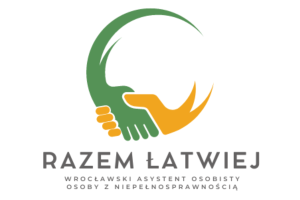 dwie zielono-pomaranczowe ręce układające się w kształt koła i szary napis razem latwiej wroclawski asystent osoby z niepełnosprawnością