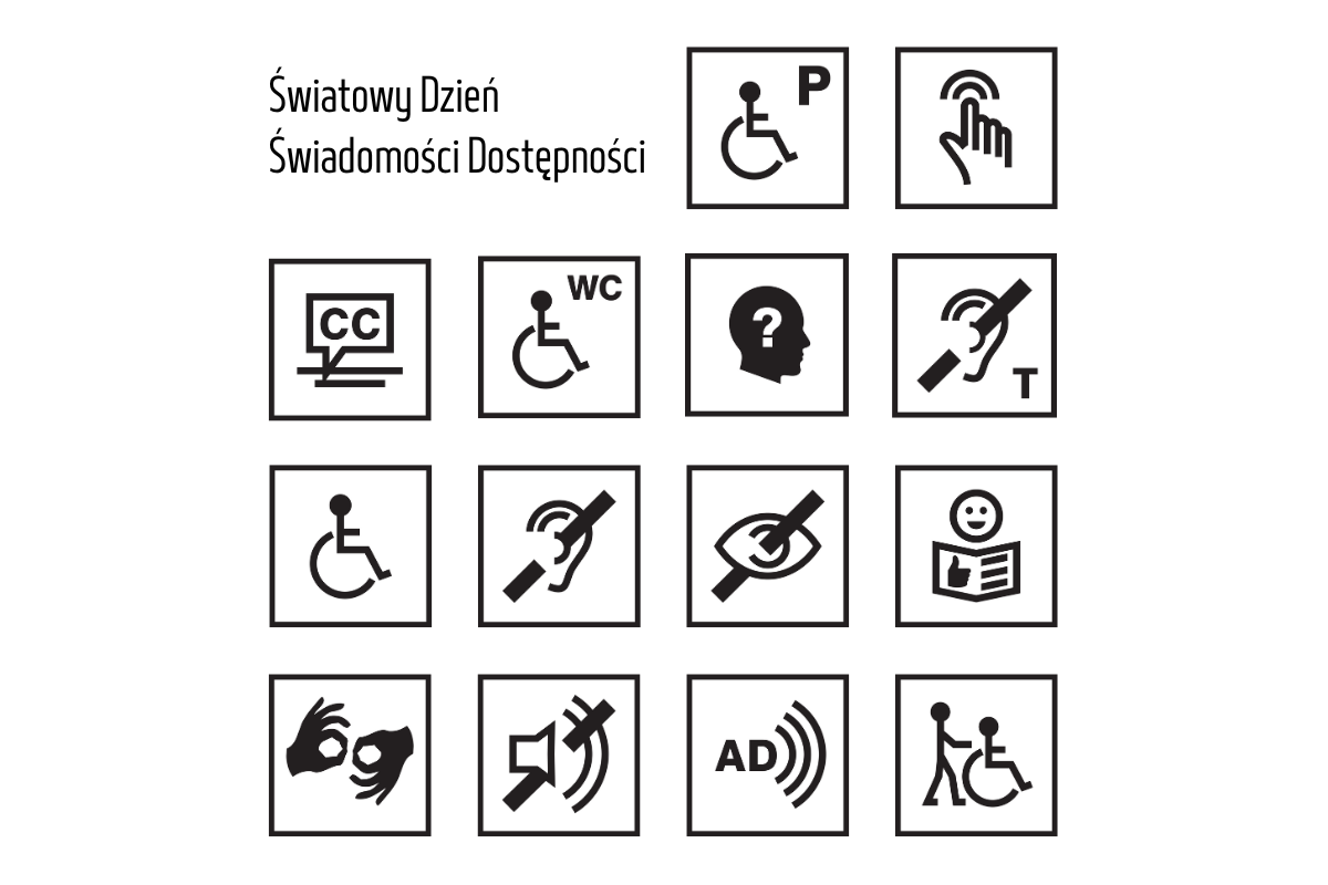 Napis Światowy Dzień Świadomości Dostępności, 14 znaków rysunkowych z zapisem treści informującej osoby z niepełnosprawnościami o dostępnych wydarzeniach kulturalnych