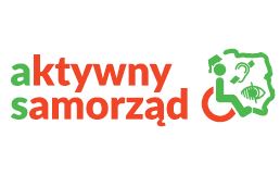 Aktywny samorząd napis obok grafika osoby na wózku inwalidzkim wkomponowana w zarys granicy Polski oraz ikony osoby z niewidzącej i niesłyszącej, całość w kolorach zielonym i czerwonym 