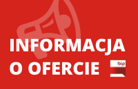Prostokątna czerwona grafika z megafonem w tle z napisem Informacja o ofercie i logiem Biuletynu Informacji Publicznej